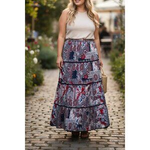 Vintage Koret City Blues Patchwork Boho Broomstick Maxi Skirt Red White Blue 24W